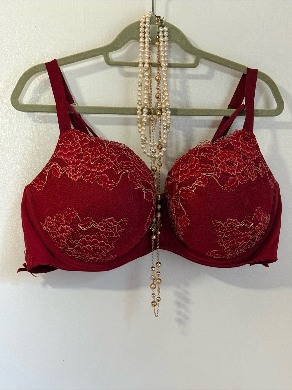 Cacique 46DD Red & Gold Lace Boost Balconette Bra with Lace Up Sides